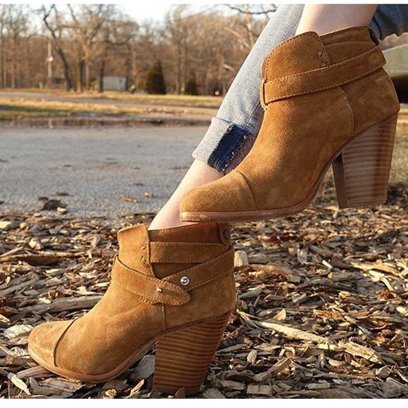Rag & Bone Camel Tan Suede Harrow Bootie Size 8 Heeled Leather Ankle Boot - Picture 2 of 14